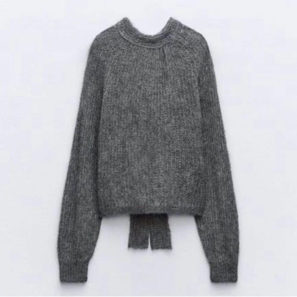 Zara Tied Open Knit Sweater, Gray M - Picture 4 of 4
